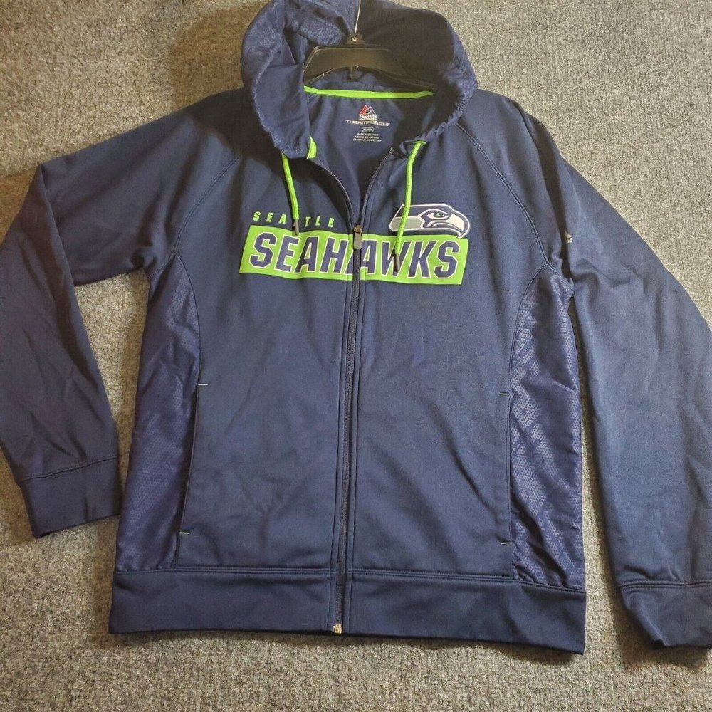 NFL Seattle Seahawks Majestic Zip Up Thermabase Size M Blue Logo Hooded Jacket - Picture 1 of 10